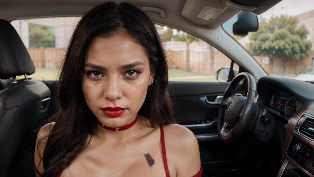  She is looking straight ahead and tears are crying on her face realista, she has red lipstick on, do her now in a car crying and makeup smeared