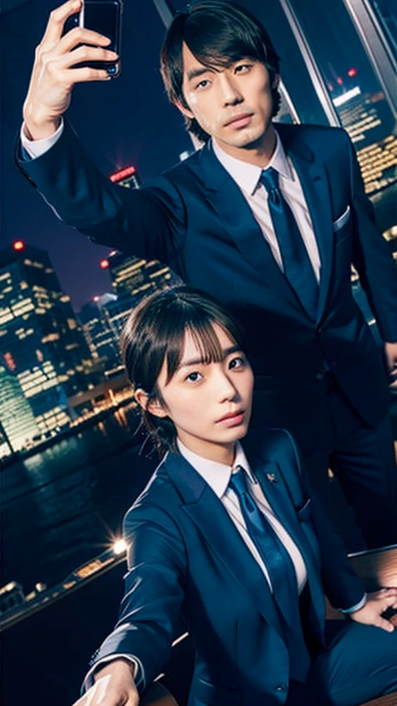 Kikuchi Hina takes a selfie of herself and a tall, handsome man with long bangs, Night view from skyscrapers, Blue suit and tie