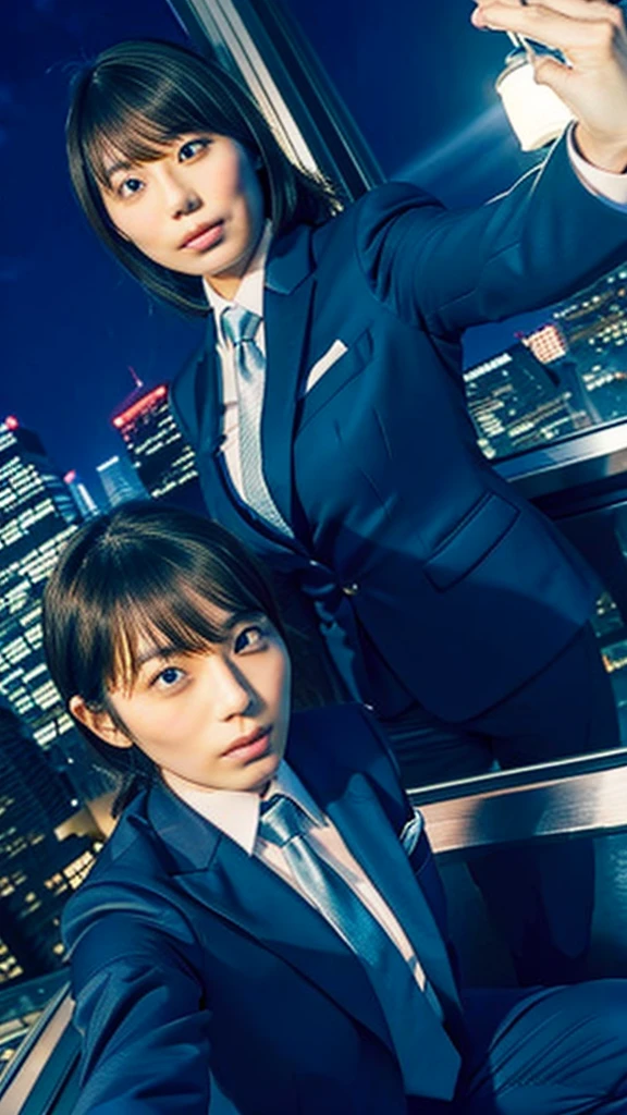 Kikuchi Hina takes a selfie of herself and a tall, handsome man with long bangs, Night view from skyscrapers, Blue suit and tie