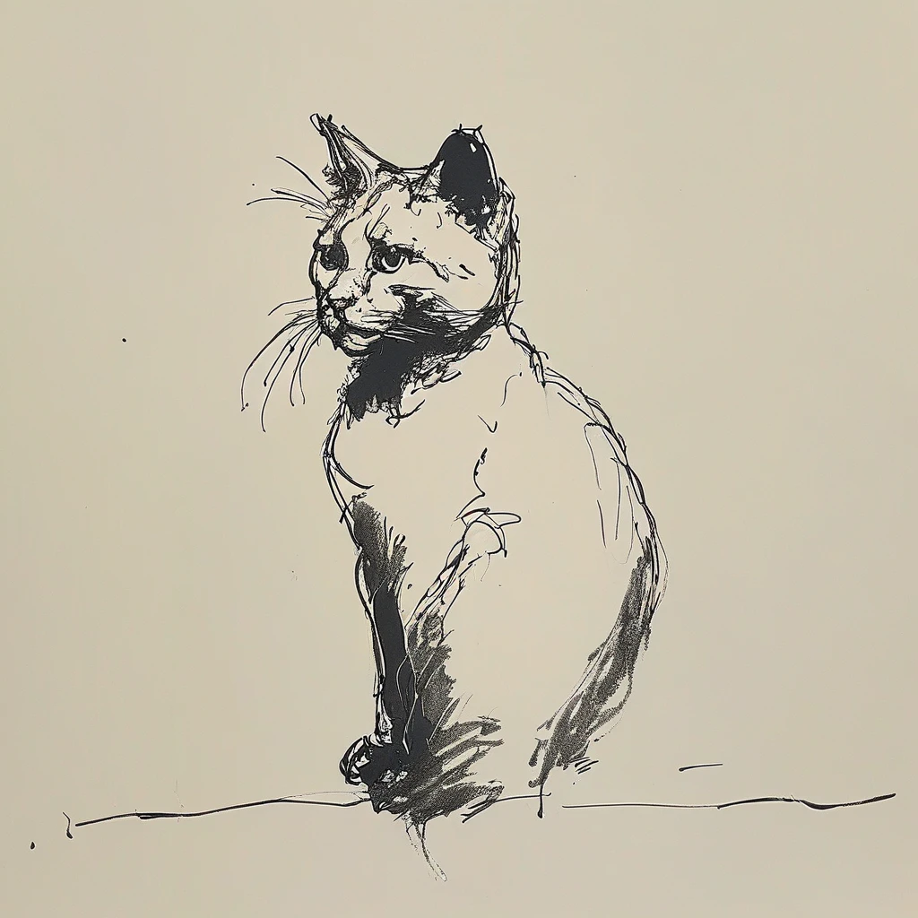 a dynamic black and white drawing of a cat