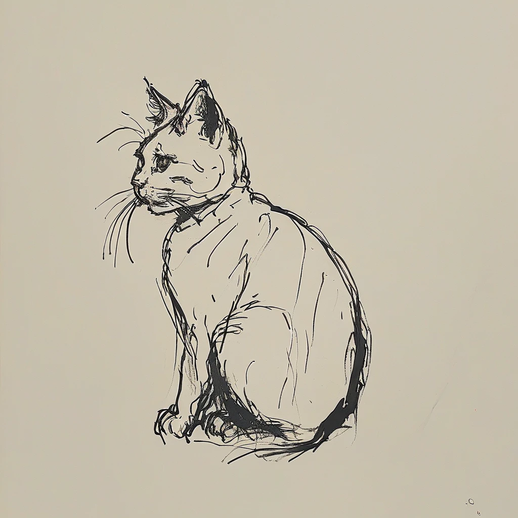 a dynamic black and white drawing of a cat