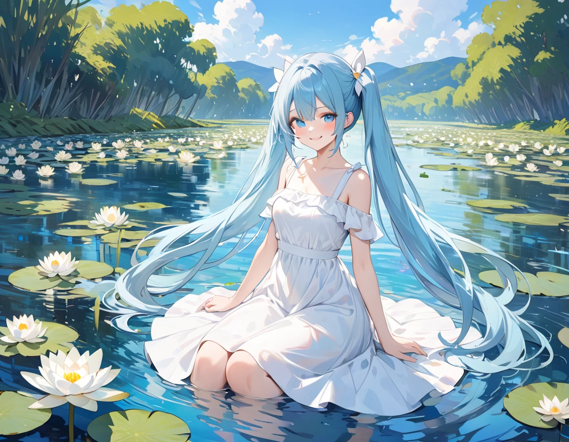 Light blue long hair，Beautiful girl with twin tails、water．Vivid water lilies(many, Impressionism, oil)、White Dress、Bright smile、Masterpiece、Blue Sky
