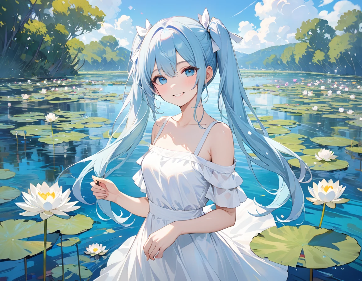 Light blue long hair，Beautiful girl with twin tails、water．water lily(many, Impressionism, oil)、White Dress、Bright smile、Masterpiece、Blue Sky