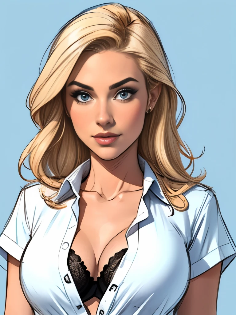 Medium full shot. sketch. 1 ultra hot gorgeous woman. Age 23.，blonde hair. Blue background. ((White shirt blouse)) Black sheer D cup bra. ((Black and white sketch)).