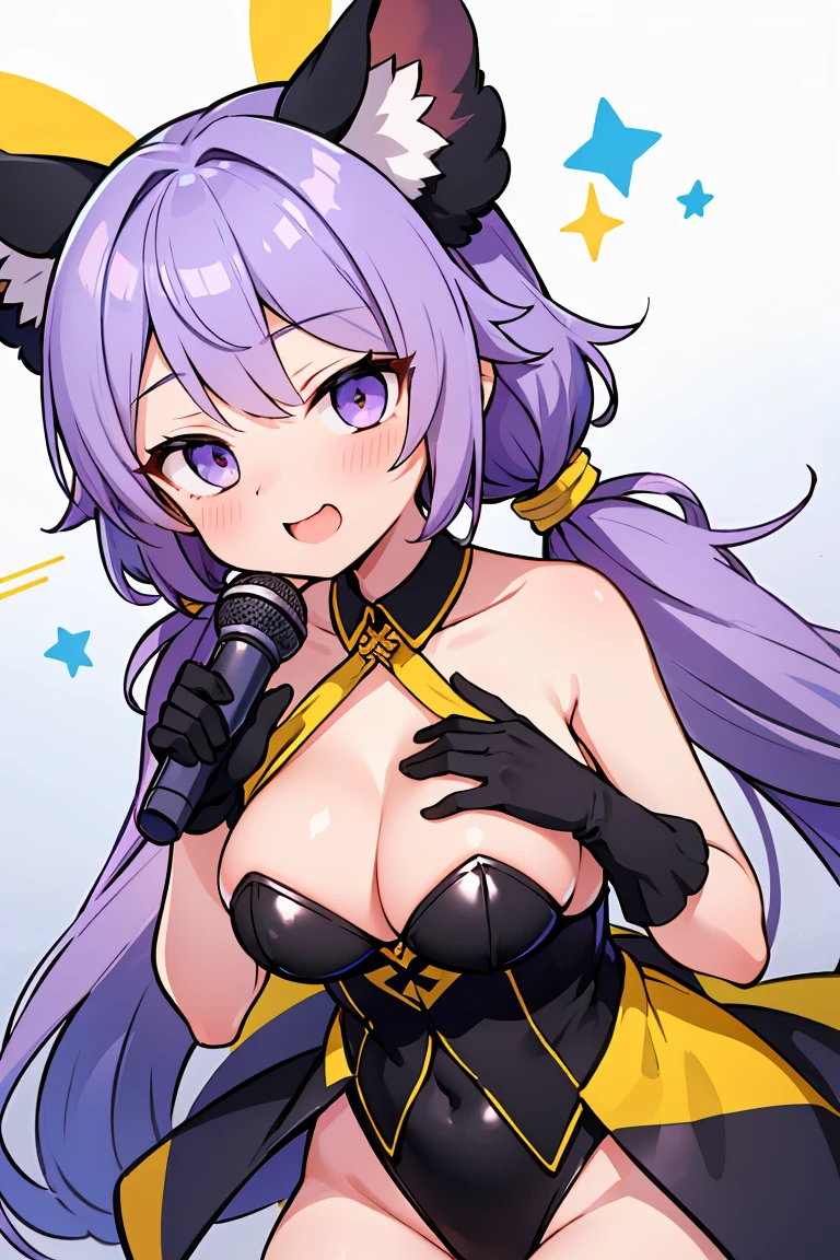 Browsing Caution,1. Female,,,chest,尖ったchest,chestの谷間,Underbust,Side Bust Barbosa,(blush),((Embarrassing)),(巨大なchest),大きなchestステージ, microphone, holding microphone, microphone stand, Displaying the viewer, Upturned eyes, Bright Face, Wink, Satyr , Twin tails, Very long hair, Purple eyes, bangs, Light purple hair, Animal ears, low Twin tails, Very long hair, hair ornaments, Hair Ribbon((Shiny black strapless leotard)),- Elbow hand pockets, Black gloves, Sleeveless, Yellow ribbon, (Contrasting:1.5),((High resolution)),(巨大なchest:1.6),(Highest quality:1.2)