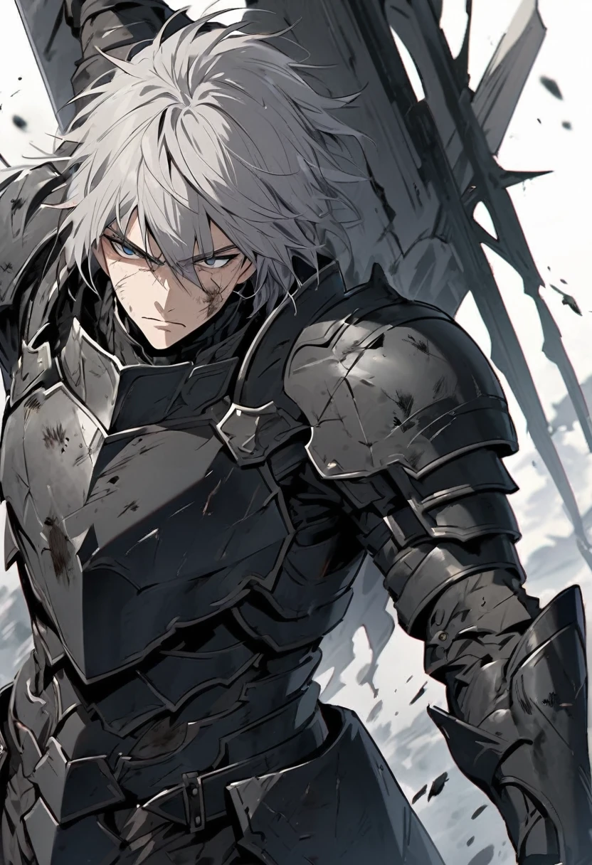 Man with long grey hair 28 years old Hold the sword Black armor is dirty and cracked