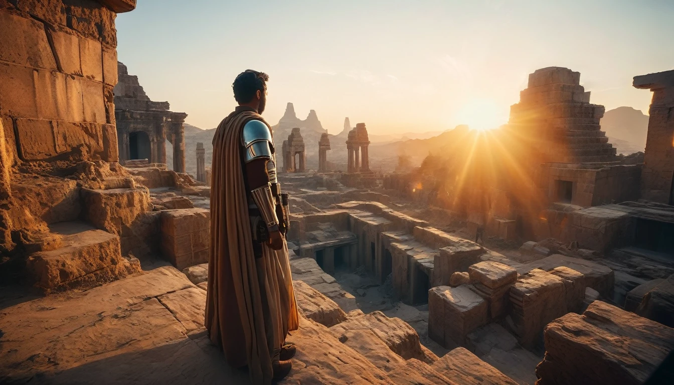 In a composition worthy of Star Wars, The camera is positioned at a low angle, capturing the vast desert with a wide-angle lens to emphasize the immensity of the scene and the heroic figure of the Jedi. The lightsaber is captured in a close-up, with a bokeh that highlights its brightness against the blurred background of the ancient ruins. Sunset light creates lens flare, adding drama to the scene. The composition is balanced with the Jedi positioned in the left third of the image, olhando para o lado direito, where the sun sets and the shadows of the ruins fall, suggesting a visual narrative of adventure and mystery.hyper realistic composition,32k resolution,cinematic composition,cinematic color grading,death of field lens.