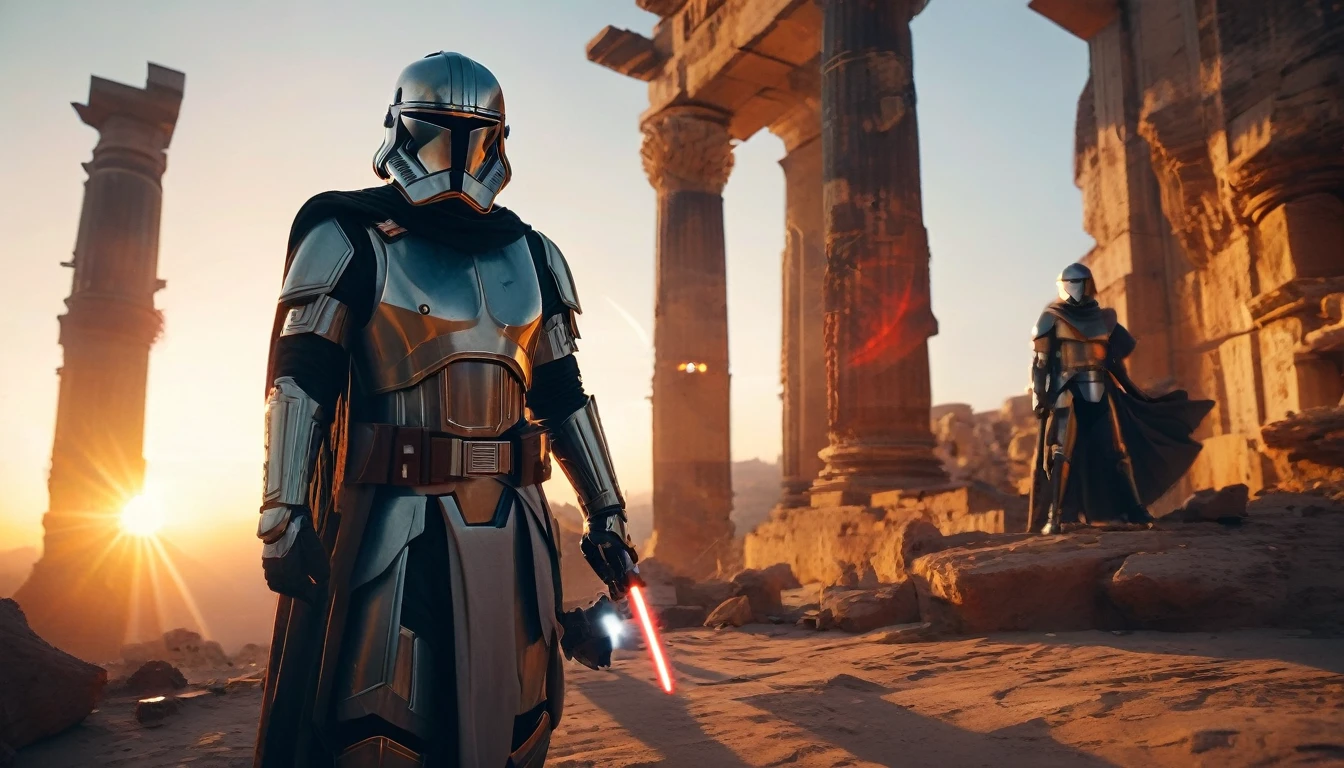 In a composition worthy of Star Wars, The camera is positioned at a low angle, capturing the vast desert with a wide-angle lens to emphasize the immensity of the scene and the heroic figure of the Jedi. The lightsaber is captured in a close-up, with a bokeh that highlights its brightness against the blurred background of the ancient ruins. Sunset light creates lens flare, adding drama to the scene. The composition is balanced with the Jedi positioned in the left third of the image, olhando para o lado direito, where the sun sets and the shadows of the ruins fall, suggesting a visual narrative of adventure and mystery.hyper realistic composition,32k resolution,cinematic composition,cinematic color grading,death of field lens.