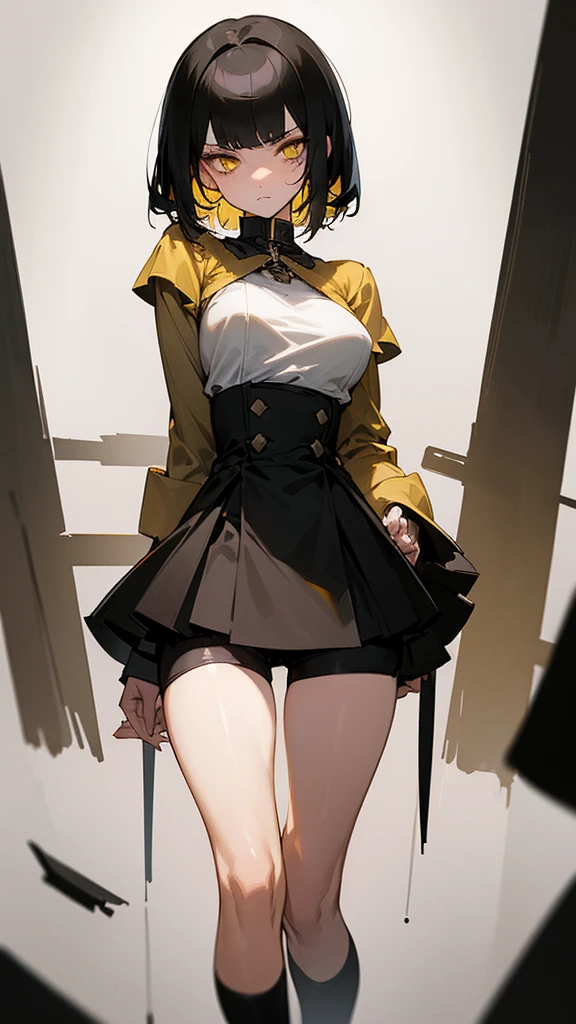 ((Best Quality)), ((Masterpiece)), (Detailed), Girl with short black hair, with straight bangs, yellow eyes, the pupils of his eyes look at your violence, tall and slender, very beautiful and feminine features, wearing shorts with long black stockings, short hair, nice breasts, with a too short miniskirt, with a scared expression, she feels alone, just woke up