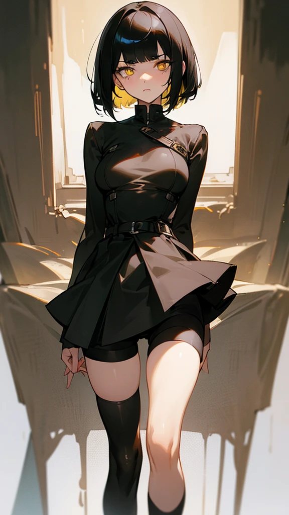 ((Best Quality)), ((Masterpiece)), (Detailed), Girl with short black hair, with straight bangs, yellow eyes, the pupils of his eyes look at your violence, tall and slender, very beautiful and feminine features, wearing shorts with long black stockings, short hair, nice breasts, with a too short miniskirt, with a scared expression, she feels alone, just woke up