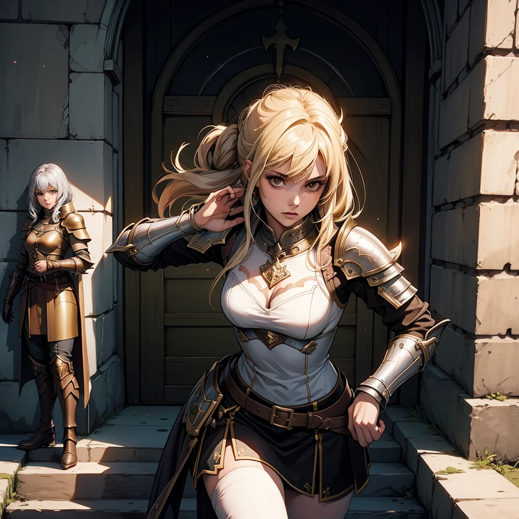 最high quality、high quality、armor、Girl Adventurer、Climb the stairs of the underground dungeon、Equipped with a dagger and a leather shield、dim