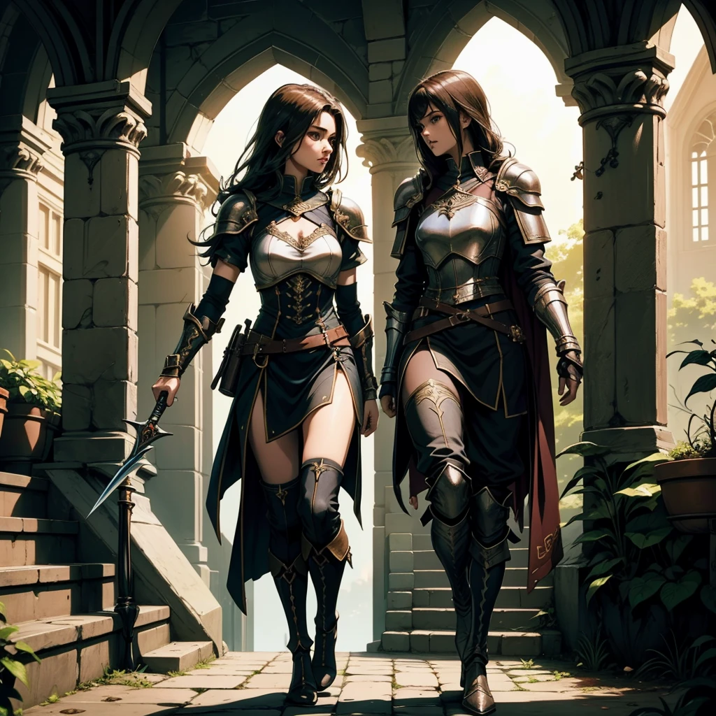 最high quality、high quality、armor、Girl Adventurer、Climb the stairs of the underground dungeon、Equipped with a dagger and a leather shield、dim