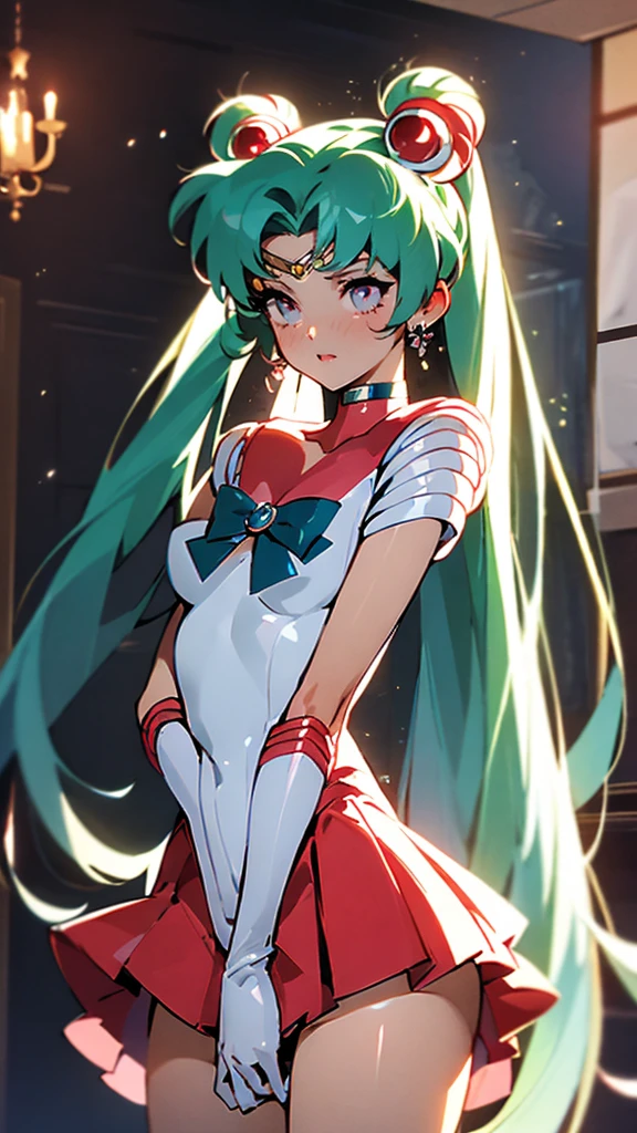 1 girl, Hatsune Miku, big , ((Bishoujo Senshi Sailor Moon costume)), miniskirt, long gloves, inside the room, white stockings, beautiful eyes, ultimate physical beauty, top quality,