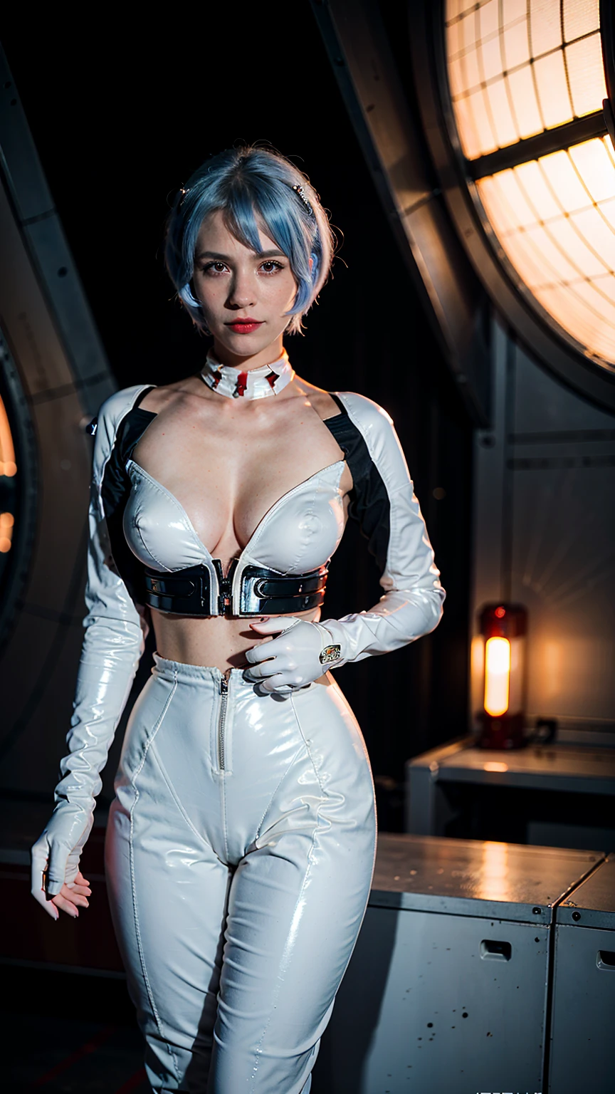 (masterpiece), (best quality), (red eyes), (epiCRealLife), (red lipstick), (show cleavage) (j4nu4ryj0n3s show cleavage) (young woman), (European Model), , (ayanami_rei crop top plugsuit), interface headset, white crop top bodysuit),(white gloves) (red eyes), (blue hair), (medium breasts),(flash photography), (natural lights), (ample lights),( light smile), (pose for picture), (white gloves), (light smile), (space station lobby), (spaceship cockpit), (galaxy scenery), (cowboy shots)