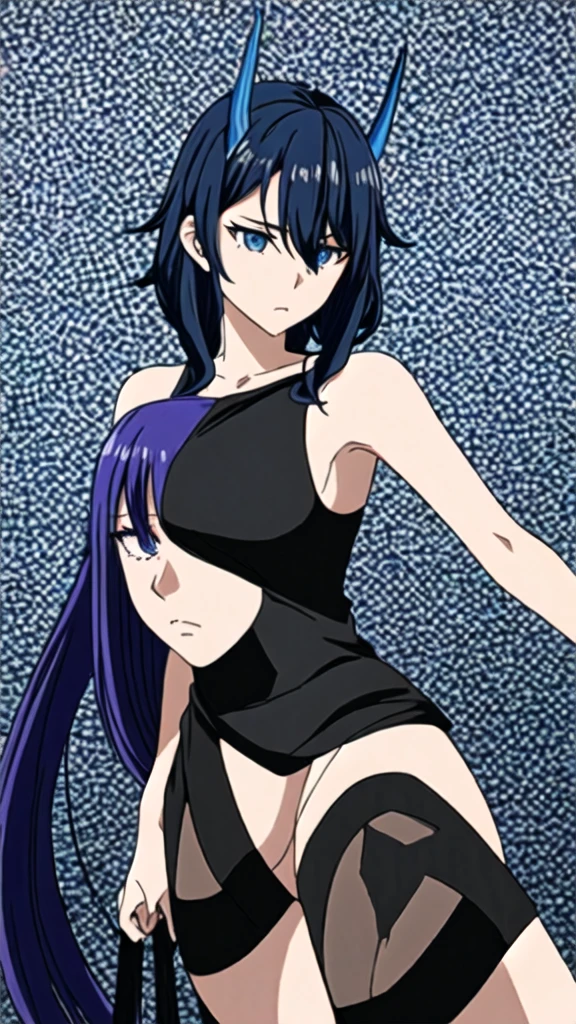 girl with black hair with blue locks, blue eyes and blue horns fighting a girl with curly red hair and green eyes