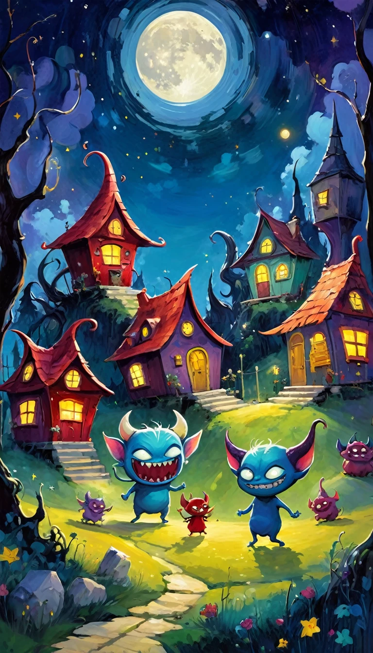 village of small and funny demons, impressive landscape, small and funny demons,, magic, fantastic, night sky, moon, stars, cute, adorable,, background, (demon houses) (many demons have fun, play and dance) (art inspired by Skottie Young and Bill Sienkiewicz). oil painting)