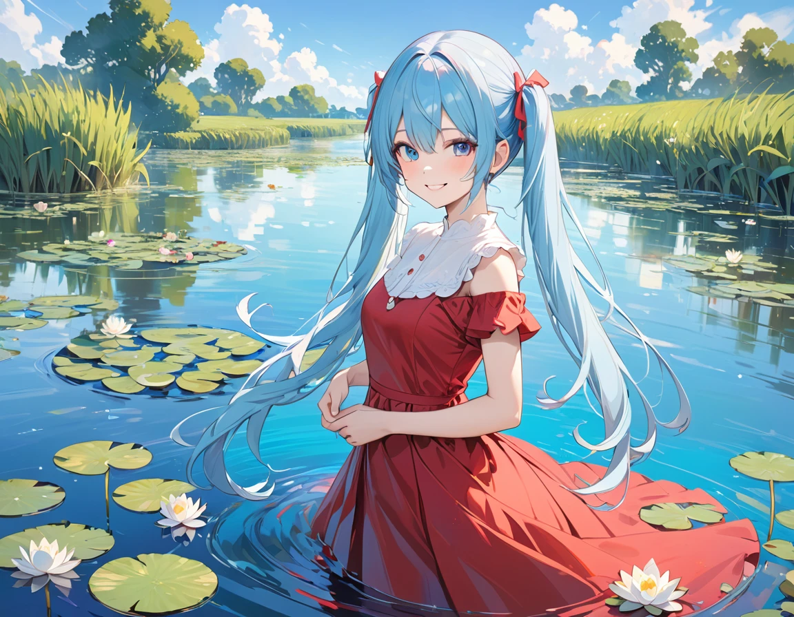 Light blue long hair,Beautiful girl with twin tails、water.Vivid water lilies(many, Impressionism, oil)、Red dress、Bright smile、Masterpiece、Blue Sky
