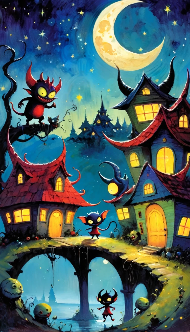 village of small and funny demons, impressive landscape, small and funny demons,, magic, fantastic, night sky, moon, stars, cute, adorable,, background, (demon houses) (many demons have fun, play and dance) (art inspired by Skottie Young and Bill Sienkiewicz). oil painting)
