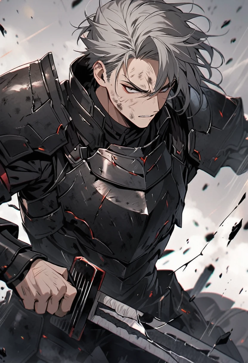 Man with long grey hair　28 years old　Holding a Japanese sword　Black armor is dirty and cracked　
