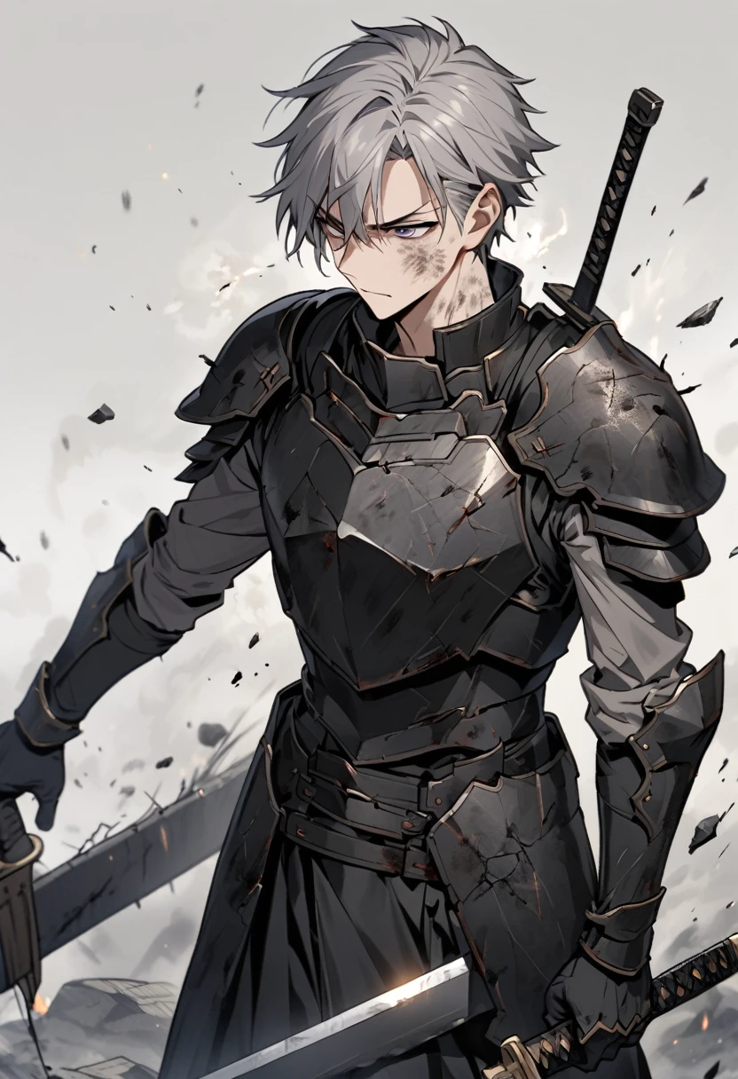 Man with long grey hair　28 years old　Holding a Japanese sword　Black armor is dirty and cracked　
