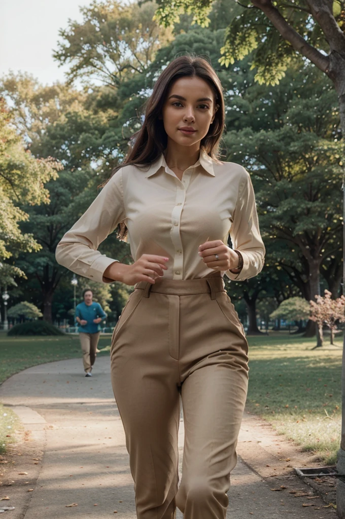 photorealistic, best quality, (hyper detailed: 1.4), (((running in the park:1.5))), long distance shot, ((ideal body:1.5)), photosession, brown eyes, black hair, Detailed eyes, ((wearing beige classic pants and white shirt:1.5)). beautiful young woman, (Highly detailed face:1.4), smile, exuding a natural glow, soft lightning, evening time, sunset, park view, jaw-dropping beauty, sexy, seductive, vivid colors