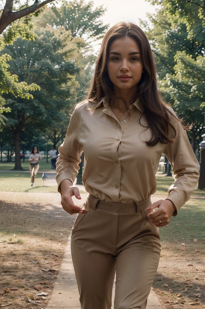 photorealistic, best quality, (hyper detailed: 1.4), (((running in the park:1.5))), long distance shot, ((ideal body:1.5)), photosession, brown eyes, black hair, Detailed eyes, ((wearing beige classic pants and white shirt:1.5)). beautiful young woman, (Highly detailed face:1.4), smile, exuding a natural glow, soft lightning, evening time, sunset, park view, jaw-dropping beauty, sexy, seductive, vivid colors