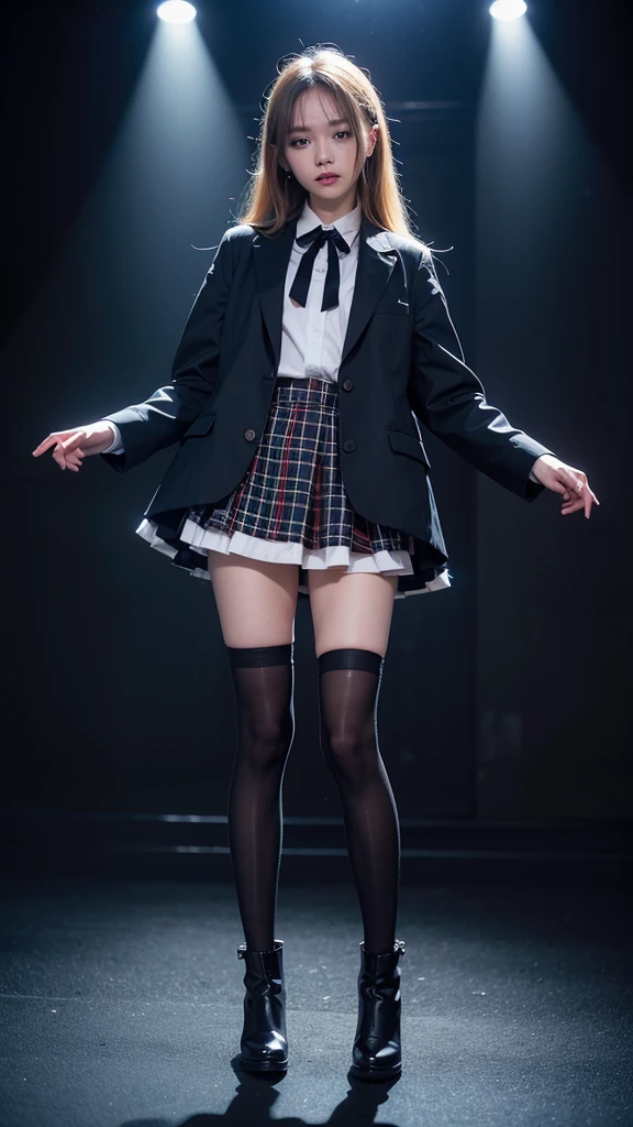 (full body:1.5),(1girl:1.3),(view the viewer:1.4),(anatomy correct:1.45),(Dancing on high mountain peaks:1.3),(very thick printed pantyhose:1.4),( A woman Wear printed fantasy noble JK student uniform pleated skirt and uniform pointed high-heeled leather shoes :1.35), (Light particle effect:1.3),(In pink | amarelo | blue colors| green color |red color | white colors| black in color| purplish color| greys| Beige| Flesh color 1.4),(Glowing eyes:1.3),(Large amplitude action: 1.3),(Accurate and perfect face:1.4),hyper HD, Ray traching, reflective light,structurally correct, Award-Awarded, high detail, lighten shade contrast, Face lighting,cinmatic lighting, tmasterpiece, super detailing, high quality, high detail, best quality, 16k,High contrast,