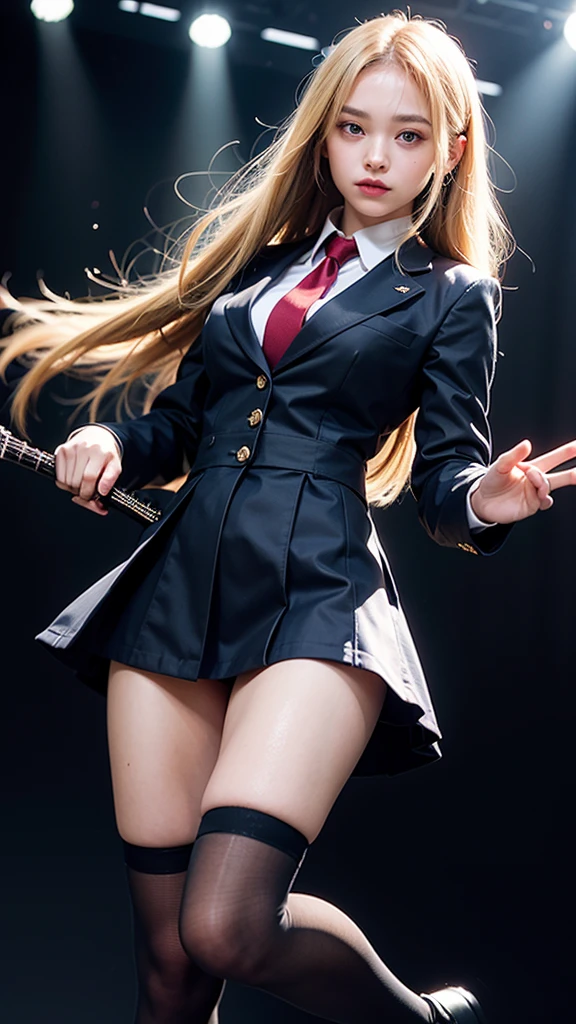 High school girl blazer、 uniform、Red checked knee-length skirt、Long skirt、JK Style、Jacket、smile、Knee-high socks、Thigh-high socks、pantyhose、A superb beauty、Super cute、ennui、Rare beauty、Black Dark Eyeshadow、Good skin glow、Long hair straightener、Dark Gothic Makeup、Dark Smile、Fragrant beauty、Stained glass background、Mastepiece、Best Quality、Refers to 5 books、Sweat glistening on my chest、Sweat glistening on my face、Small breasts、Golden Hair、Age 19 years old、Slightly slim、Mysterious look、A sad expression、Gold Hair、Sweating profusely all over the body、A lot of sweat and light on the thighs、Shiny thighs、Plenty of sweat glistening on the thighs、A large amount of sweat glistens on my thighs、Sweating profusely、Gal、japanese face、Alluring expression、Thin thighs、Playing guitar、I have a guitar、Sing a song enthusiastically、Playing guitar in a band、Playing guitar chords、Live House Background、Sing a song、Open your mouth、Live house scenery、Mike stand、Glamorous live stage、Dynamic Angle、Platform boots、Are standing、Hime cut hair、Gothloli 、Abnormally thick thighs、