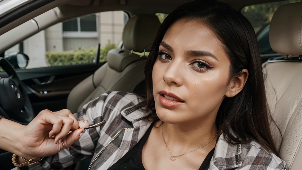 do her now in a car crying and makeup smeared