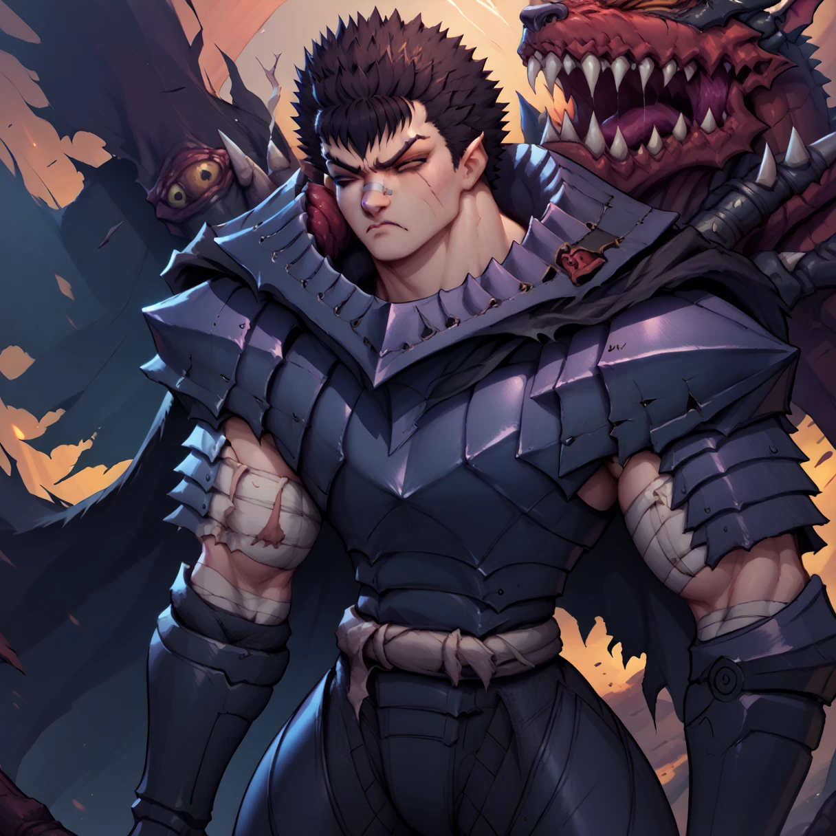 kenpuu_denki style, old school, 1man, male focus ,solo, guts \(berserk\), angry, sword on back, Guts_Armor, brown eyes, short hair, spiked hair, (black armor:1.1), full_armor, shoulder armor, gauntlets, pauldrons, greaves, bandaged arm, black cape, torn cape, scar on nose, one eye closed, muscular male, huge weapon, medieval