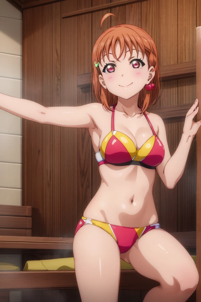 (((pixel-perfect, detail-perfect))), solo, 1girl, chika takami, smile, sauna, bikini, medium filesize, ultra High Qality