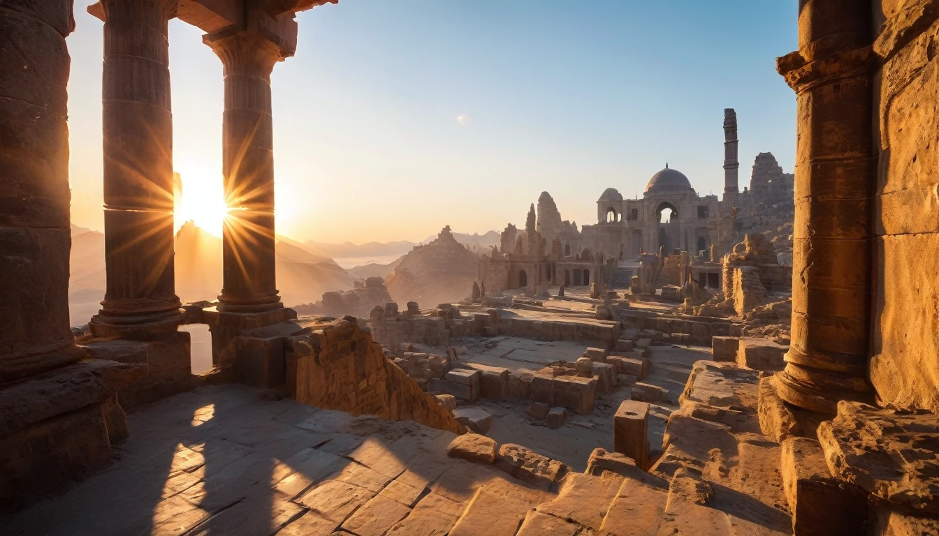 In a composition worthy of Star Wars, The camera is positioned at a low angle, capturing the vast desert with a wide-angle lens to emphasize the immensity of the scene and the heroic figure of the Jedi. The lightsaber is captured in a close-up, with a bokeh that highlights its brightness against the blurred background of the ancient ruins. Sunset light creates lens flare, adding drama to the scene. The composition is balanced with the Jedi positioned in the left third of the image, olhando para o lado direito, where the sun sets and the shadows of the ruins fall, suggesting a visual narrative of adventure and mystery.hyper realistic composition,32k resolution;