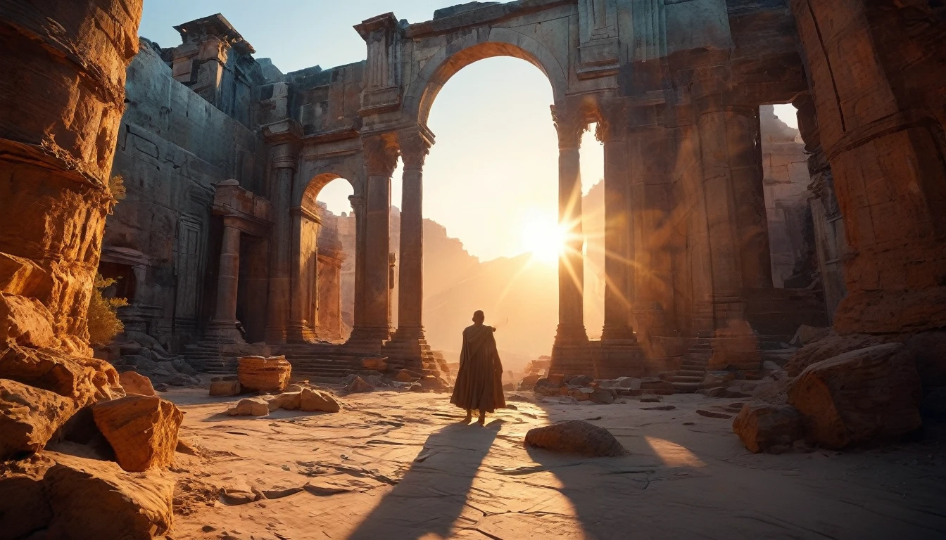 In a composition worthy of Star Wars, The camera is positioned at a low angle, capturing the vast desert with a wide-angle lens to emphasize the immensity of the scene and the heroic figure of the Jedi. The lightsaber is captured in a close-up, with a bokeh that highlights its brightness against the blurred background of the ancient ruins. Sunset light creates lens flare, adding drama to the scene. The composition is balanced with the Jedi positioned in the left third of the image, olhando para o lado direito, where the sun sets and the shadows of the ruins fall, suggesting a visual narrative of adventure and mystery.hyper realistic composition,32k resolution;