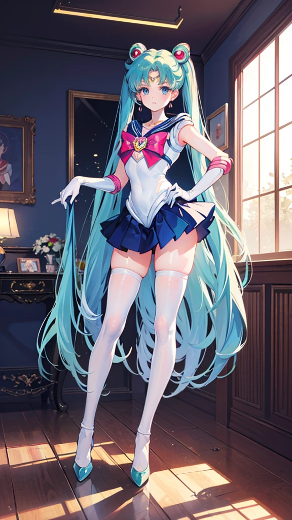 1 girl, Hatsune Miku, big , ((Bishoujo Senshi Sailor Moon costume)), miniskirt, long gloves, inside the room, white stockings, beautiful eyes, ultimate physical beauty, top quality,