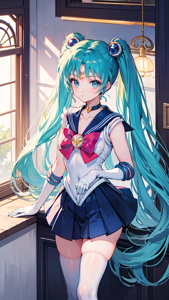 1 girl, Hatsune Miku, big boobs, ((Bishoujo Senshi Sailor Moon costume)), miniskirt, long gloves, inside the room, white stockings, beautiful eyes, ultimate physical beauty, top quality,