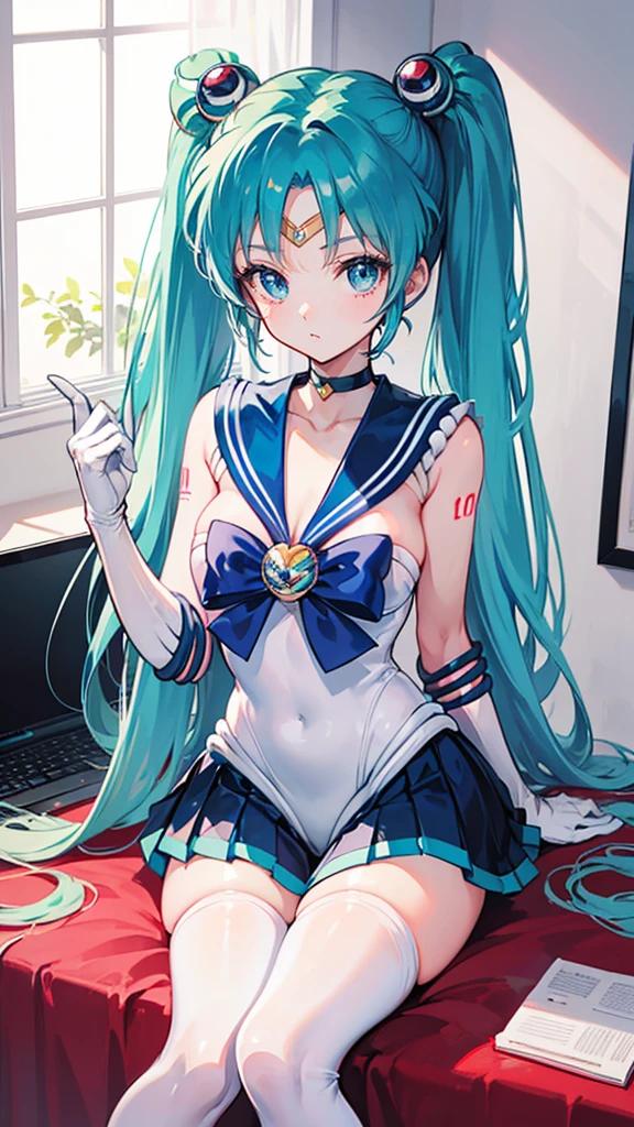 1 girl, Hatsune Miku, big , ((Bishoujo Senshi Sailor Moon costume)), miniskirt, long gloves, inside the room, white stockings, beautiful eyes, ultimate physical beauty, top quality,