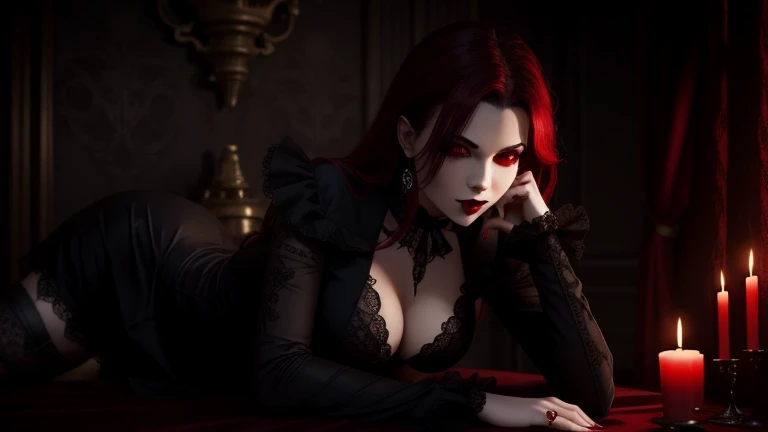 "Seductive vampire in gothic outfit., pelo rojo sangre, y colmillos de vampiro manchados de sangre."