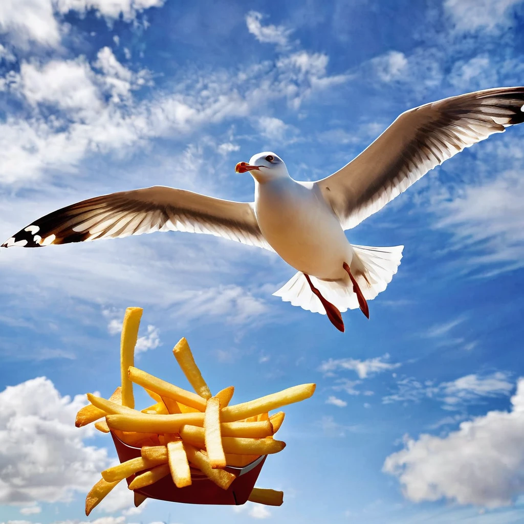 A seagull is flying through the sky with french fries on its back