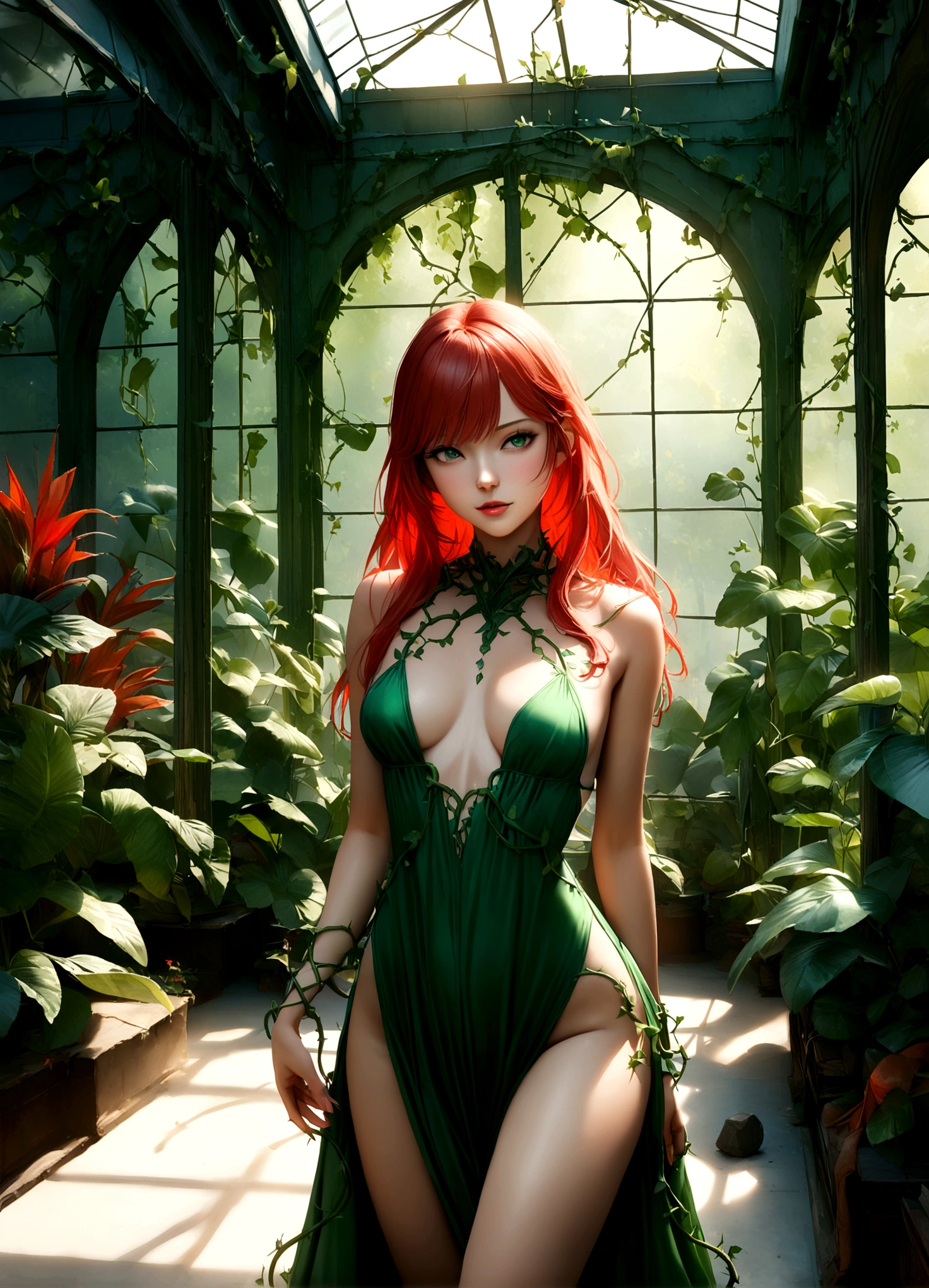 A beautiful young woman (Taylor Swift age 25) with long, flowing red hair, wearing a revealing green evening dress, stands in a lush, verdant greenhouse. Vines and tendrils of exotic plants wrap around her body, as if the flora is alive and acting in concert with her seductive movements. Her emerald eyes gleam with a predatory gaze, fixated on a lovely female companion who is ensnared by the woman's allure and several snaking vines which are in the process of laying her down and stripping her. The scene is bathed in a warm, golden light, creating a sensual, almost dreamlike atmosphere. aesthetic, photorealistic, 8k, masterpiece, ultra-detailed, vivid colors, natural lighting, romantic, alluring, sensual, seductive, beautiful woman, long red hair, green evening dress, exotic plants, greenhouse, vine tendrils, emerald eyes, female companion, warm lighting