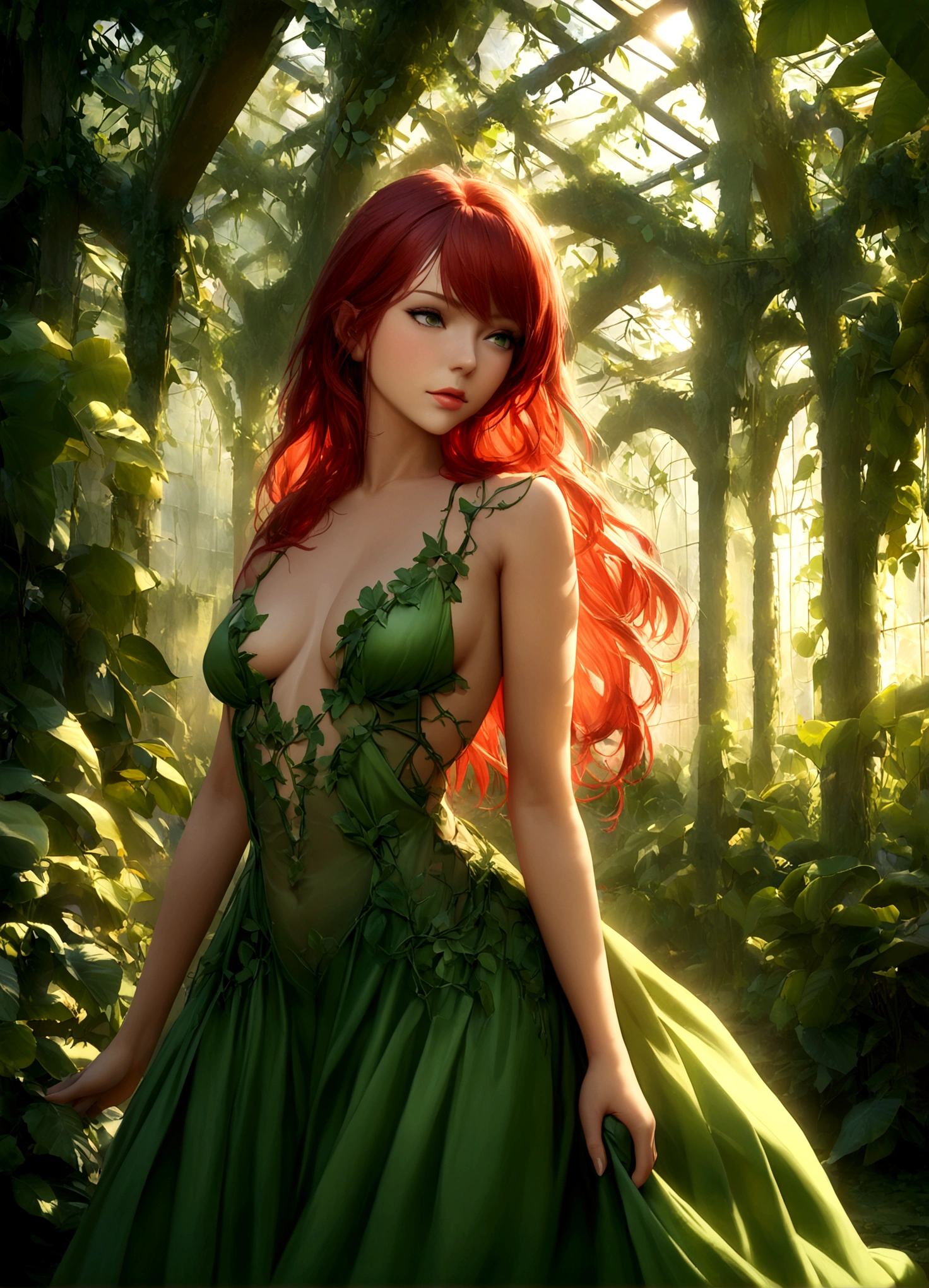 A beautiful young woman (Taylor Swift age 25) with long, flowing red hair, wearing a revealing green evening dress, stands in a lush, verdant greenhouse. Vines and tendrils of exotic plants wrap around her body, as if the flora is alive and acting in concert with her seductive movements. Her emerald eyes gleam with a predatory gaze, fixated on a lovely female companion who is ensnared by the woman's allure and several snaking vines which are in the process of laying her down and stripping her. The scene is bathed in a warm, golden light, creating a sensual, almost dreamlike atmosphere. aesthetic, photorealistic, 8k, masterpiece, ultra-detailed, vivid colors, natural lighting, romantic, alluring, sensual, seductive, beautiful woman, long red hair, green evening dress, exotic plants, greenhouse, vine tendrils, emerald eyes, female companion, warm lighting
