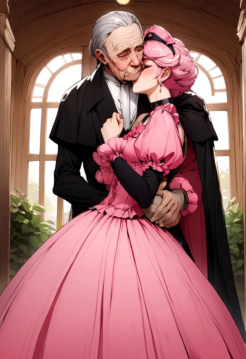 Sexy femboy in paties pink, kissing a old man
