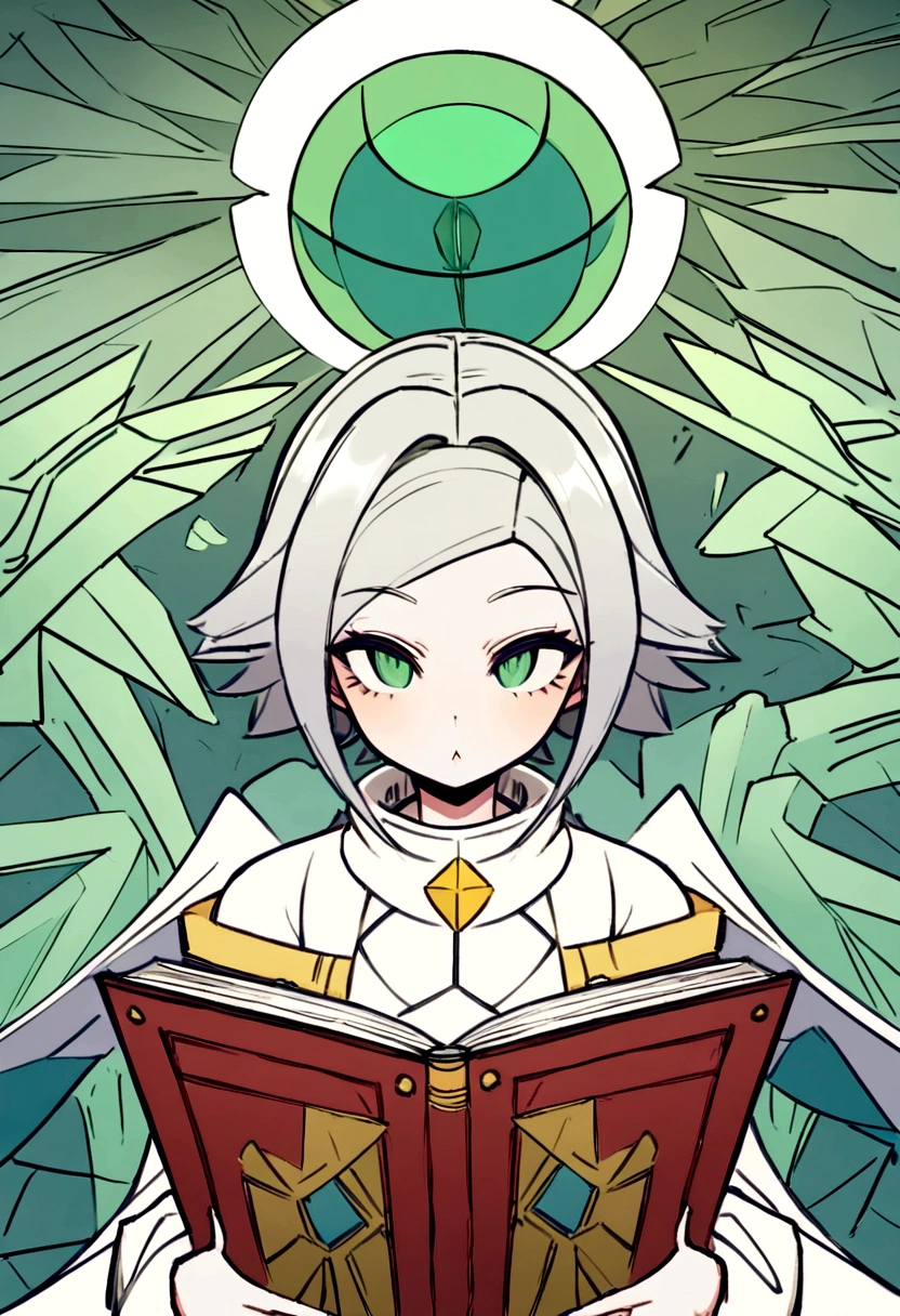 1 garota, lendo um livro, tronco, vestido branco flutuante curto, sorridente, pensativo