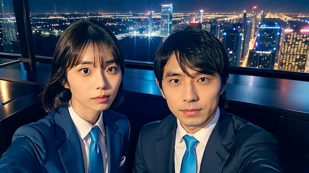 Kikuchi Hina takes a selfie of herself and a tall, handsome man with long bangs, Night view from skyscrapers, Blue suit and tie