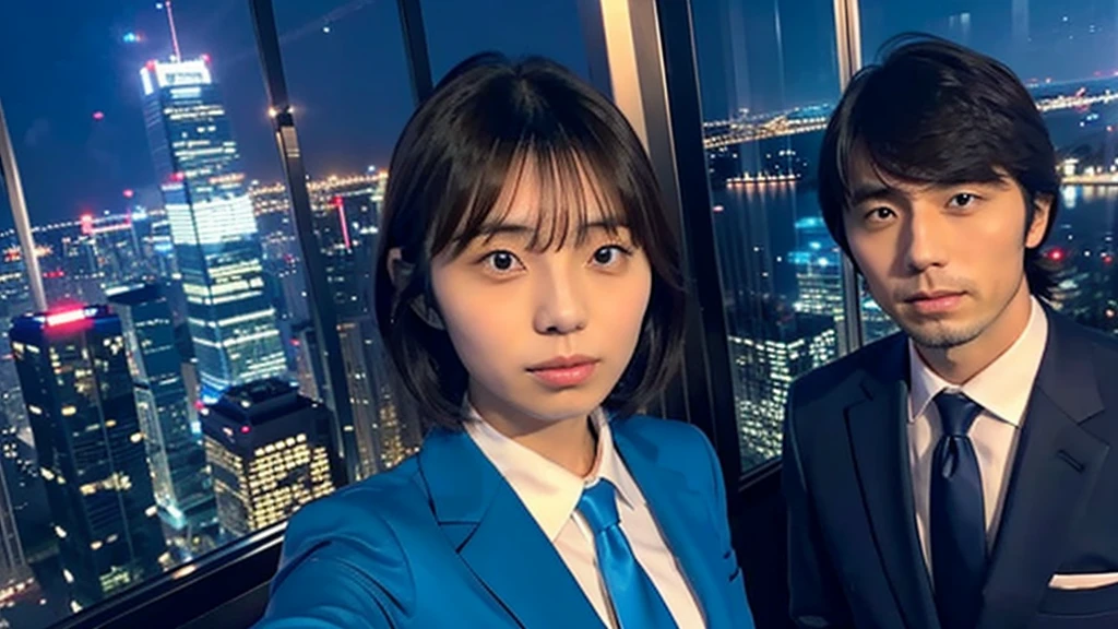 Kikuchi Hina takes a selfie of herself and a tall, handsome man with long bangs, Night view from skyscrapers, Blue suit and tie