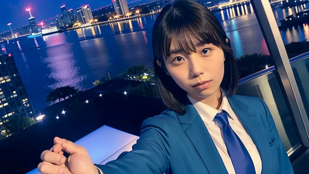 Kikuchi Hina takes a selfie of herself and a tall, handsome man with long bangs, Night view from skyscrapers, Blue suit and tie
