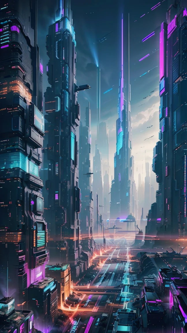 conceito:(((This is an aerial photographic masterpiece of a near-future city, portraying a cyberpunk worldview.)))。 qualidade:(highest quality, 4k, 8K, high resolution, Obra de arte:1.2), Super detalhado, (realista, Photorealista, Photorealista:1.37), lighting:cinematic light, Cores brilhantes e efeitos hipnotizantes em tons de roxo e azul, contrast between darkness and bright light, sombras e destaques, Elementos SF, Subject information:Aerial photo of Cyber City, de cima, skyscraper, arquitetura futurista, glowing neon lights, Amazing skyline, Advanced technology, ((hovering vehicle)), (((A beautiful image of a cybercity drawn from the perspective of de cima:1.3))) Outros detalhes: atmosfera animada, Holographic advertising, cyberpunk aesthetic, tons azulados, some stars shining in the sky, Space background, tecnologias emergentes, densidade urbana, energy and excitement, Metropolis of the future, attractive composition, neon glow, Cores ricas, soft brushstroke technique, textura detalhada, escala impressionante, (((projeto ciberpunk))), Projeto elaborado, escala impressionante, Atmospheric lighting, detalhes cativantes, visuais cativantes, Artistic, 500㎜, f/4, photoshoot,