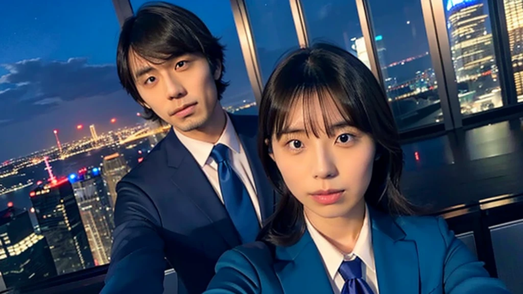 Kikuchi Hina takes a selfie of herself and a tall, handsome man with long bangs, Night view from skyscrapers, Blue suit and tie