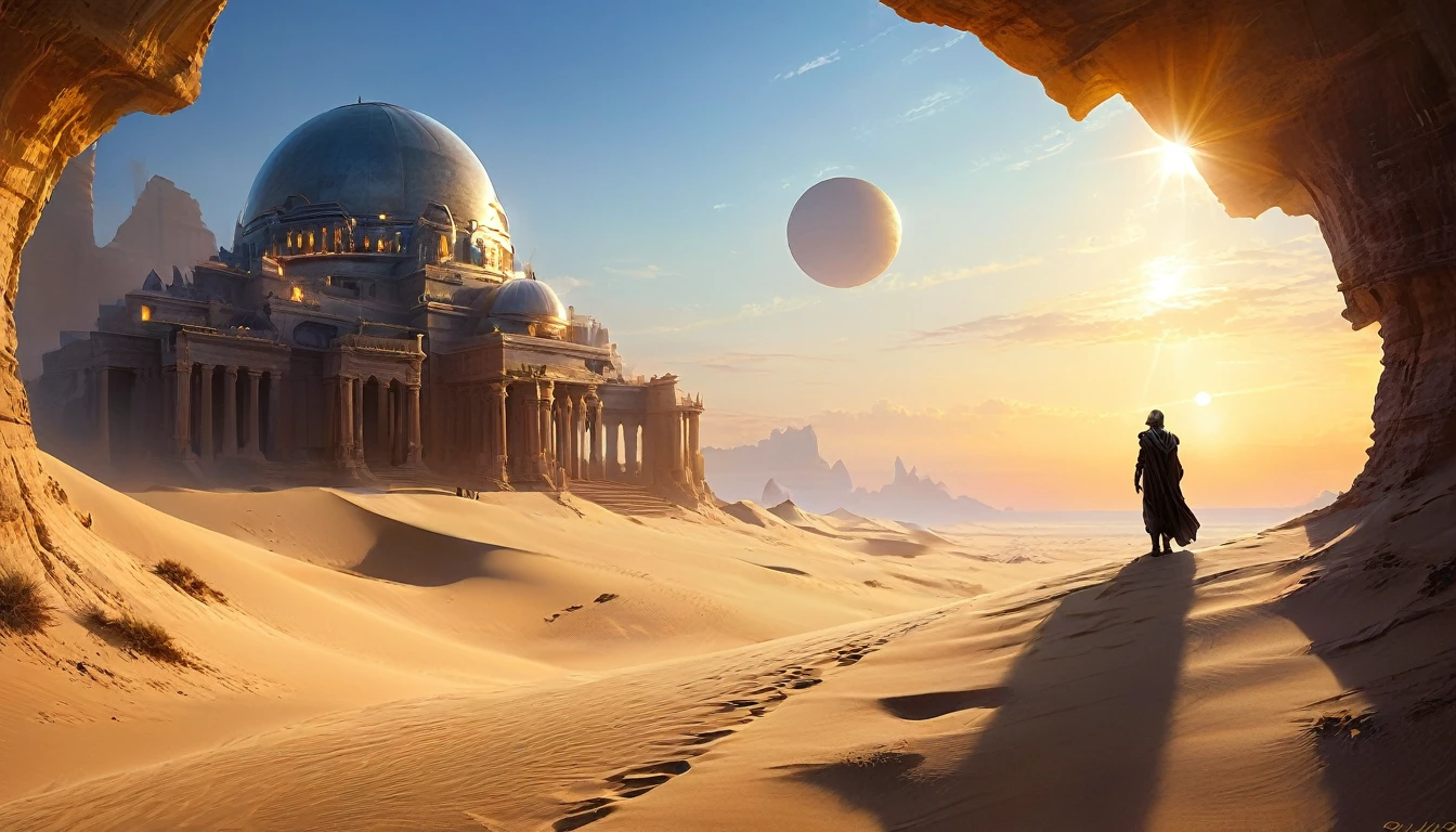 “Imagine a scene on a distant desert planet, reminiscente de Tatooine, where a lone Jedi knight finds himself on a sand dune, observando o horizonte. In the sky, two moons are visible, e ao longe, the ruins of an ancient civilization emerge from the sands. The light of the sunset reflects off the Jedi's lightsaber, creating a contrast with the shadows that begin to lengthen across the desert,hyper realistic composition,32k resolution,cinematic composition,cinematic color grading.photography whit Phaseone 85mm,death of field lens.