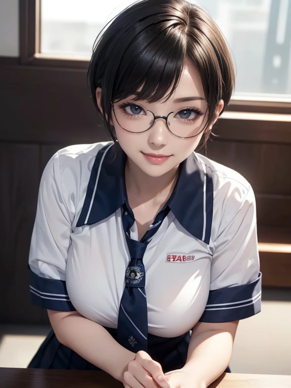 Browsing Caution,((Highest quality)),((masterpiece)),(detailed),((Anatomically correct)),((Detailed Description)),photographed from side,sexly,Breasts focus,((vulgarity face)),((In the bedroom)),A female nurse,((wearing glasses)),put out tongue,Very small breasts,Skinny body,Black hair ponytail,headband,white shirt,((shirt is open)),((blue bra is exposed)),((White skirt)),boots,open legs wide,all fours on the bed,