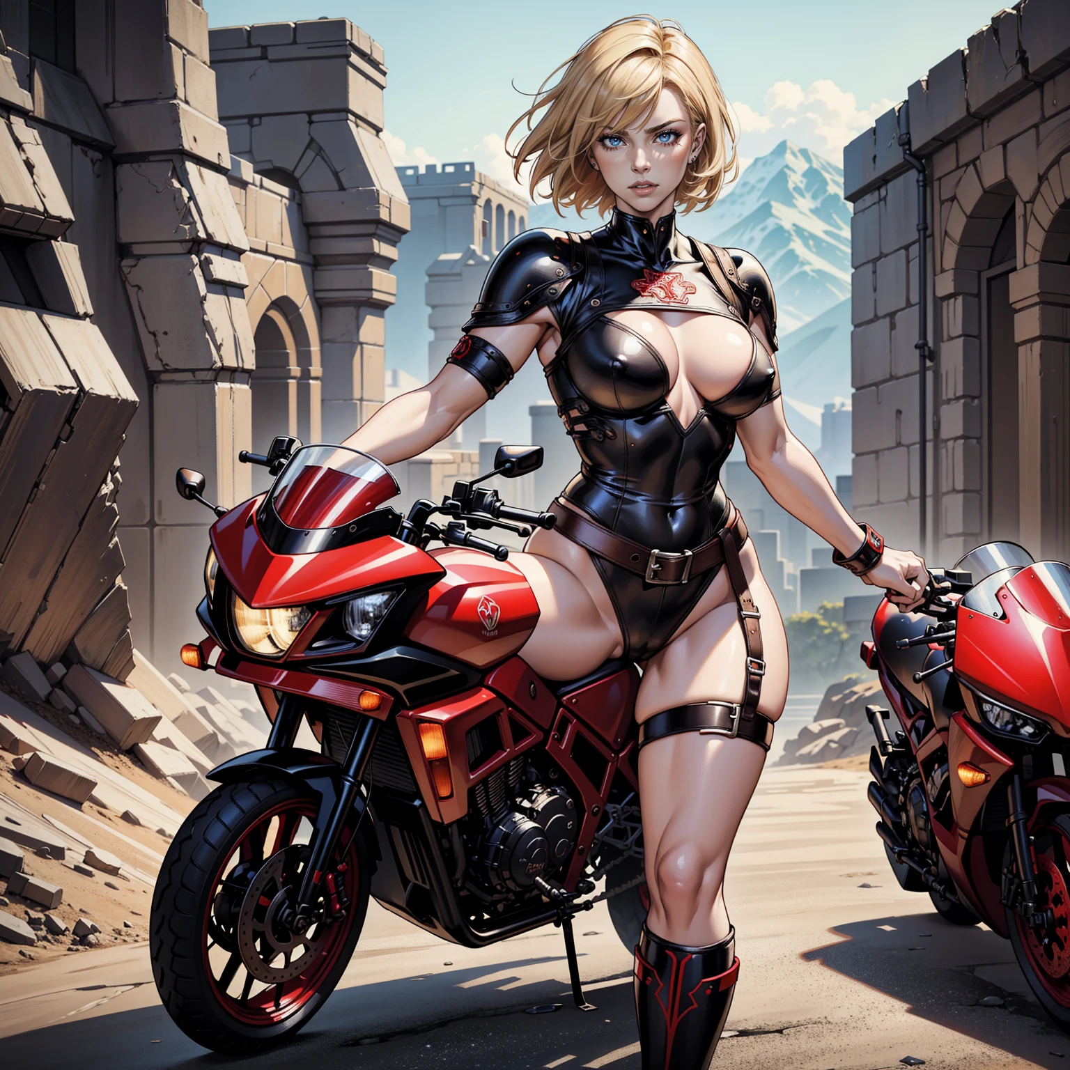 Masterpiece, Ultra extremely detailed, Insanely Definition - quality, 8k, (vibrant colors,vibrant theme), (intricate), full body , NSFW                                                                                                     A muscular 35-year-old Russian warrior woman almost naked in the Simon Bisley style for the cover of Heavy Metal magazine, bare thighs, garter belt, super short blonde hair, Minimum clothing, red carbon fiber clothing in chevron pattern,  red clothing ,  short-cut , Annie Lennox , full body
